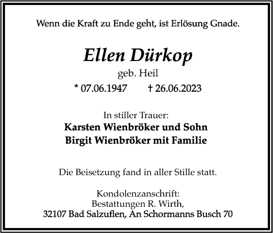Anzeige  Ellen Dürkop  Lippische Landes-Zeitung