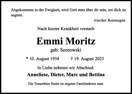 Anzeige  Emmi Moritz  Lippische Landes-Zeitung