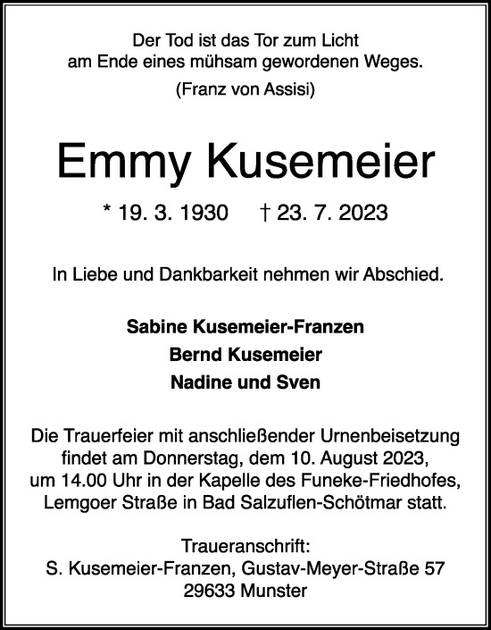 Anzeige  Emmy Kusemeier  Lippische Landes-Zeitung