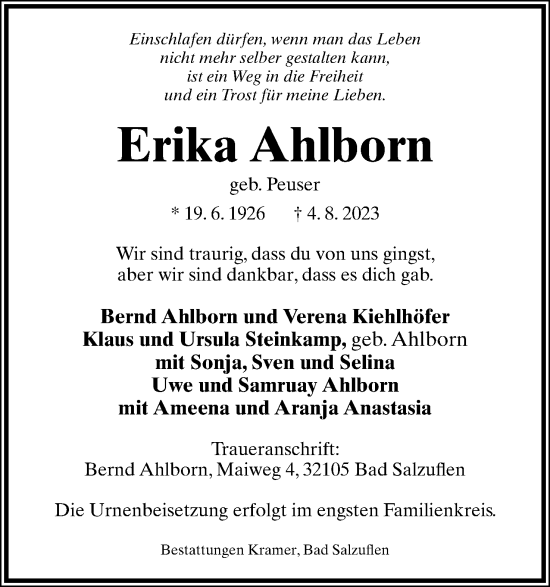 Anzeige  Erika Ahlborn  Lippische Landes-Zeitung