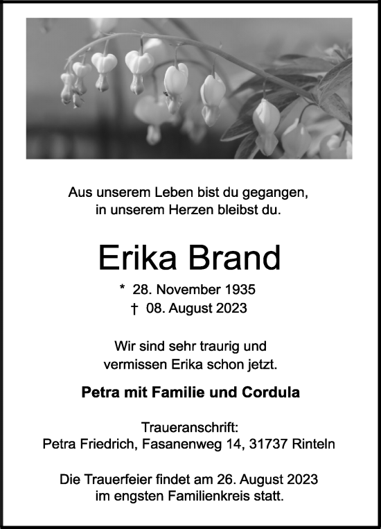 Anzeige  Erika Brand  Lippische Landes-Zeitung