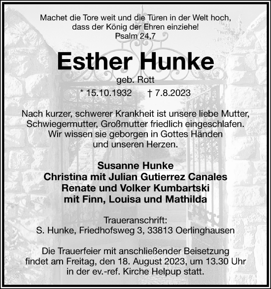 Anzeige  Esther Hunke  Lippische Landes-Zeitung