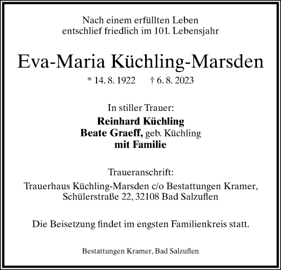 Anzeige  Eva-Maria Küchling-Marsden  Lippische Landes-Zeitung