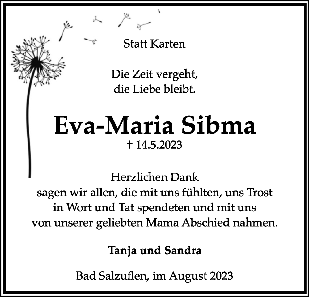  Traueranzeige für Eva-Maria Sibma vom 12.08.2023 aus Lippische Landes-Zeitung