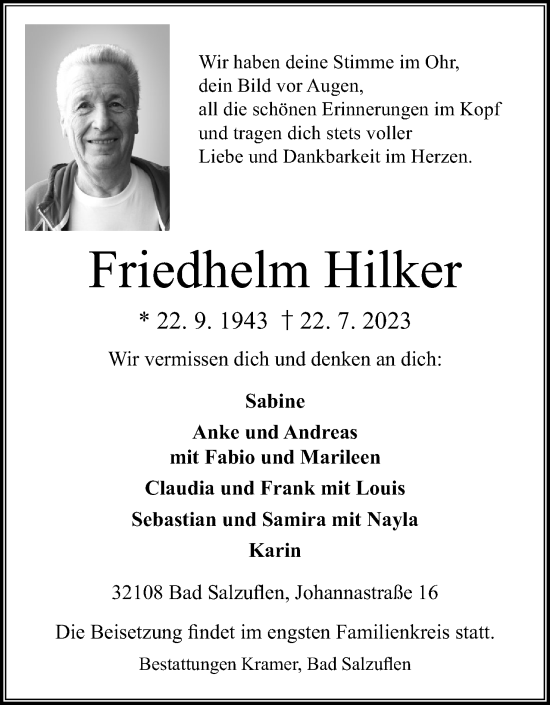 Anzeige  Friedhelm Hilker  Lippische Landes-Zeitung
