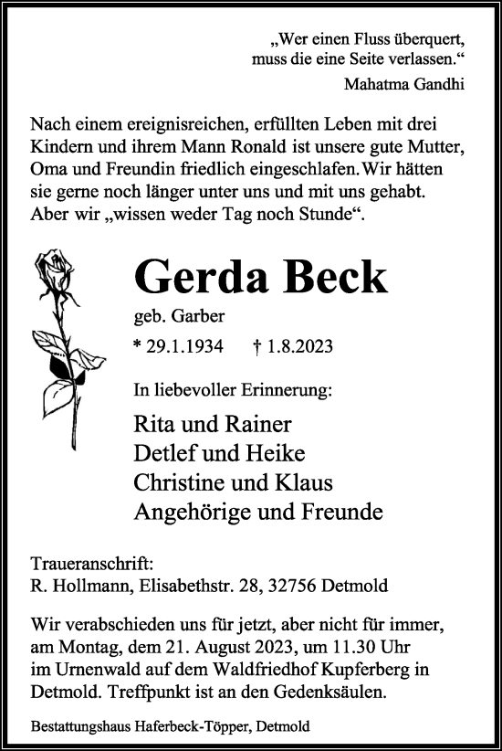 Anzeige  Gerda Beck  Lippische Landes-Zeitung