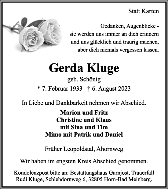 Anzeige  Gerda Kluge  Lippische Landes-Zeitung