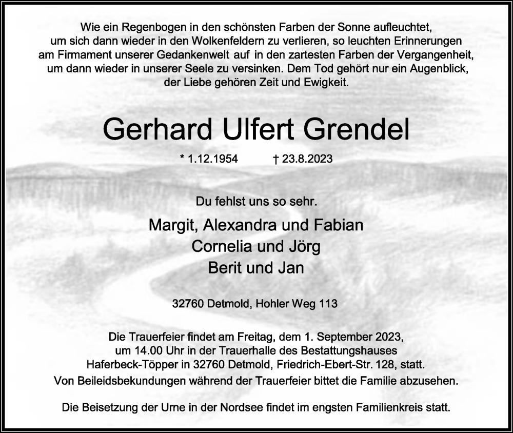  Traueranzeige für Gerhard Ulfert Grendel vom 26.08.2023 aus Lippische Landes-Zeitung