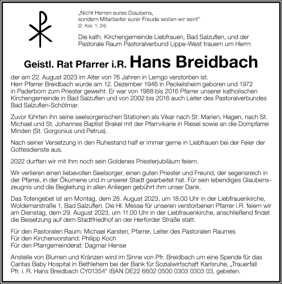 Anzeige  Hans Breidbach  Lippische Landes-Zeitung