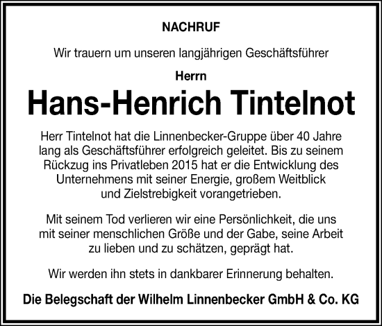 Anzeige  Hans-Henrich Tintelnot  Lippische Landes-Zeitung
