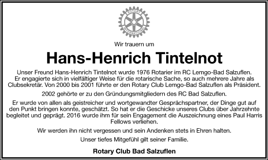 Anzeige  Hans-Henrich Tintelnot  Lippische Landes-Zeitung