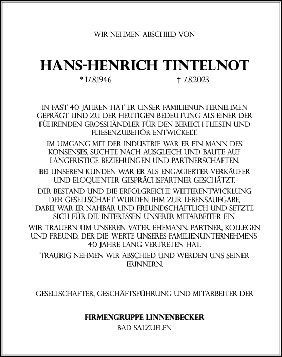 Anzeige  Hans-Henrich Tintelnot  Lippische Landes-Zeitung