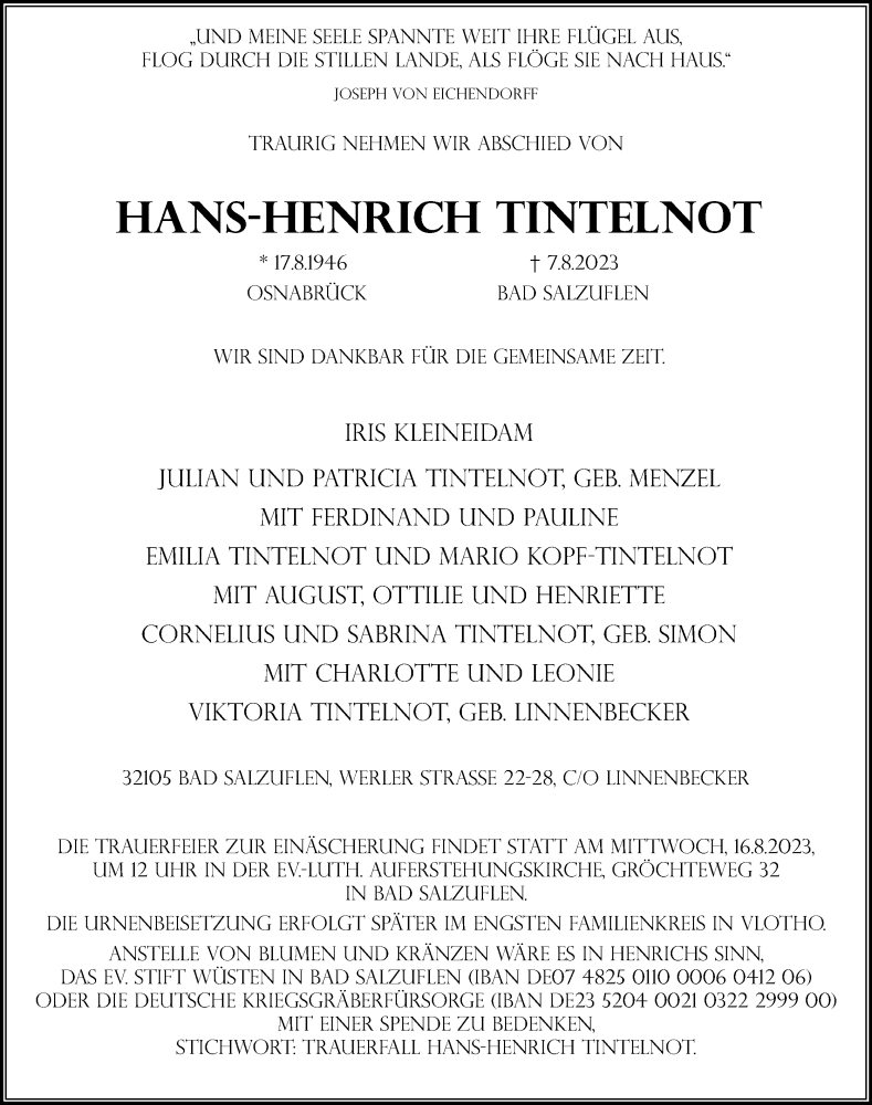  Traueranzeige für Hans-Henrich Tintelnot vom 12.08.2023 aus Lippische Landes-Zeitung