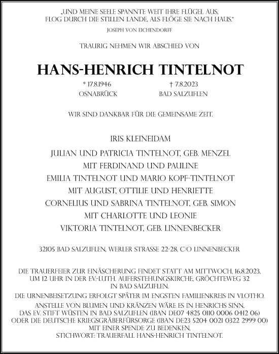 Anzeige  Hans-Henrich Tintelnot  Lippische Landes-Zeitung