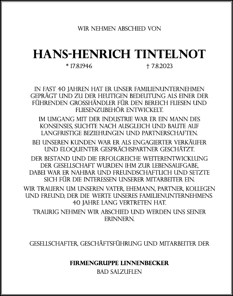  Traueranzeige für Hans-Henrich Tintelnot vom 12.08.2023 aus Lippische Landes-Zeitung