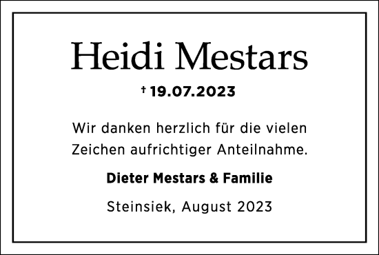 Anzeige  Heidi Mestars  Lippische Landes-Zeitung