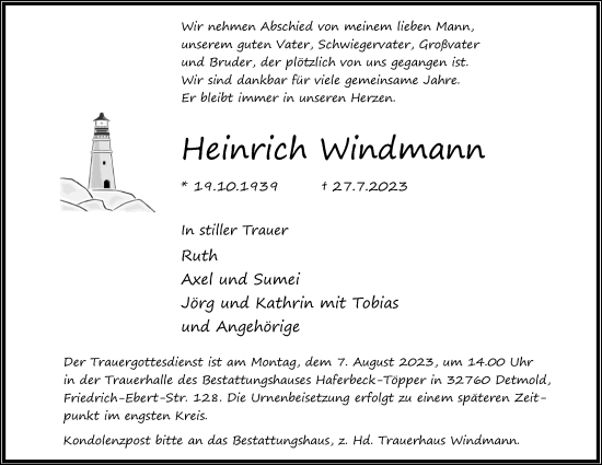 Anzeige  Heinrich Windmann  Lippische Landes-Zeitung