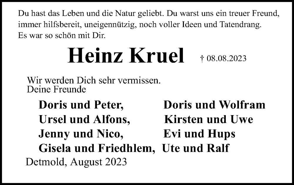 Traueranzeige für Heinz Kruel vom 12.08.2023 aus Lippische Landes-Zeitung