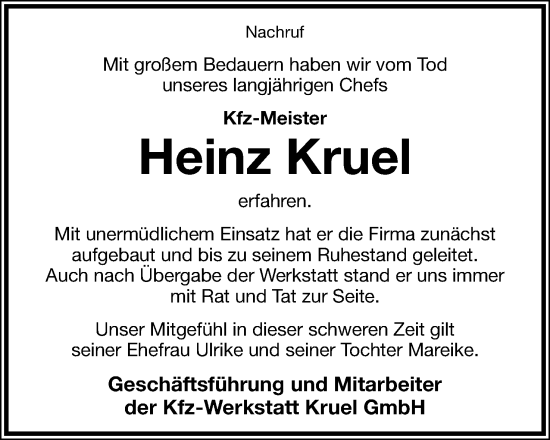 Anzeige  Heinz Kruel  Lippische Landes-Zeitung