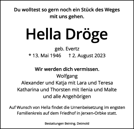 Anzeige  Hella Dröge  Lippische Landes-Zeitung