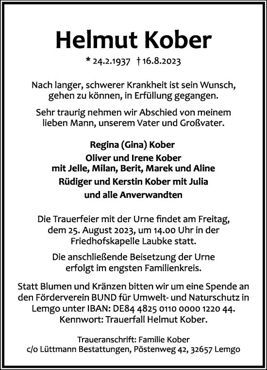 Anzeige  Helmut Kober  Lippische Landes-Zeitung