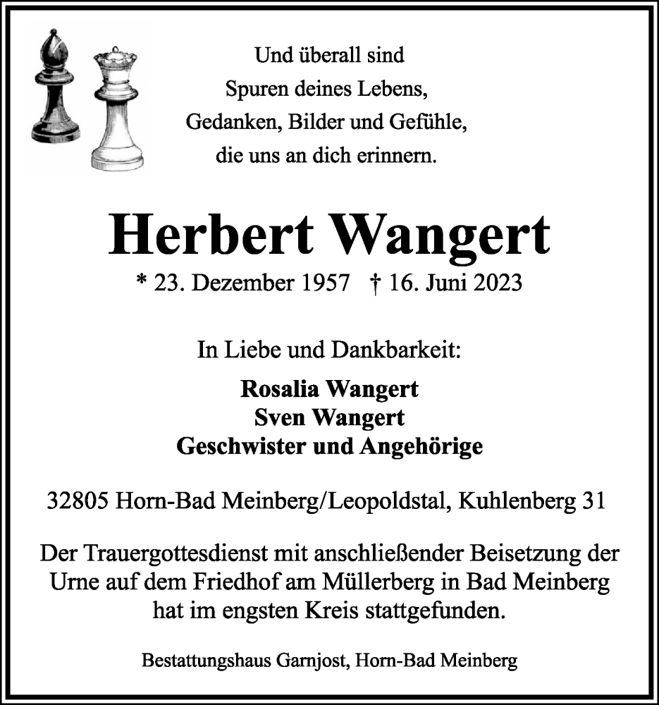  Traueranzeige für Herbert Wangert vom 19.08.2023 aus Lippische Landes-Zeitung