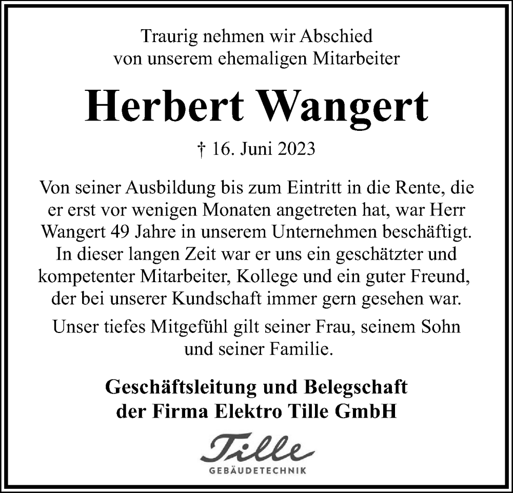  Traueranzeige für Herbert Wangert vom 19.08.2023 aus Lippische Landes-Zeitung