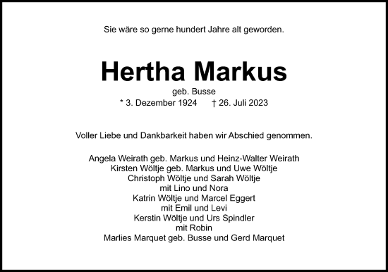Anzeige  Hertha Markus  Lippische Landes-Zeitung
