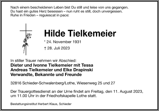 Anzeige  Hilde Tielkemeier  Lippische Landes-Zeitung