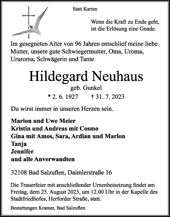 Anzeige  Hildegard Neuhaus  Lippische Landes-Zeitung