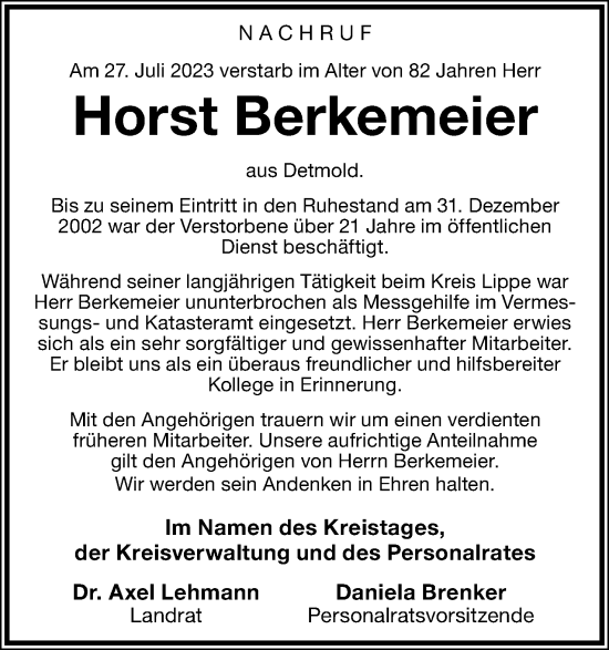 Anzeige  Horst Berkemeier  Lippische Landes-Zeitung