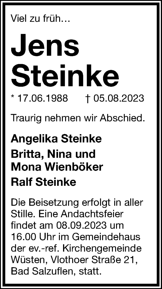 Anzeige  Jens Steinke  Lippische Landes-Zeitung