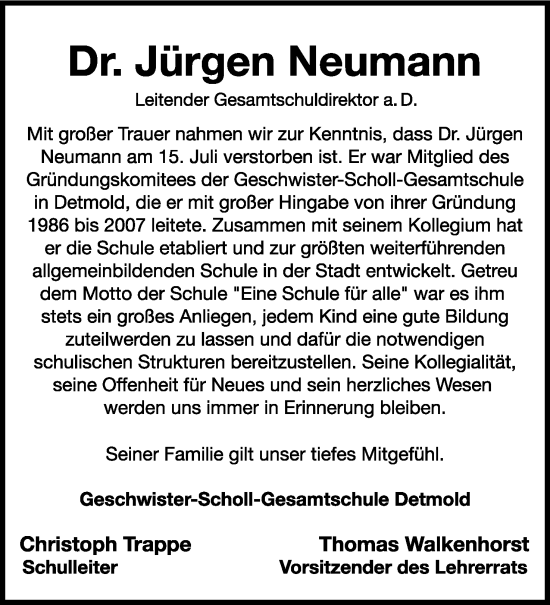Anzeige  Jürgen Neumann  Lippische Landes-Zeitung