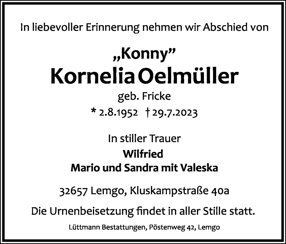  Traueranzeige für Kornelia Oelmüller vom 05.08.2023 aus Lippische Landes-Zeitung