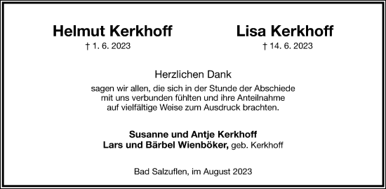 Anzeige  Lisa Kerkhoff  Lippische Landes-Zeitung