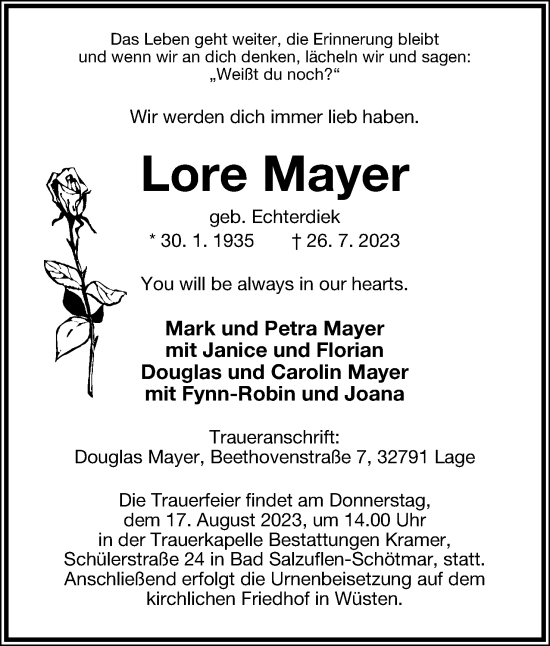 Anzeige  Lore Mayer  Lippische Landes-Zeitung