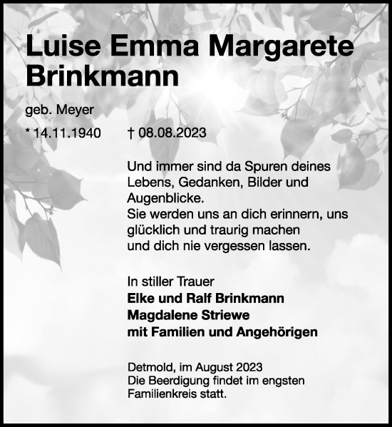 Anzeige  Luise Emma Margarete Brinkmann  Lippische Landes-Zeitung