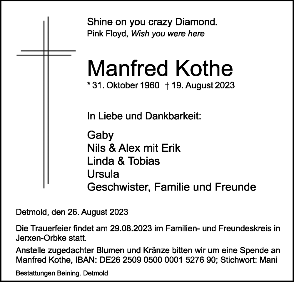  Traueranzeige für Manfred Kothe vom 26.08.2023 aus Lippische Landes-Zeitung