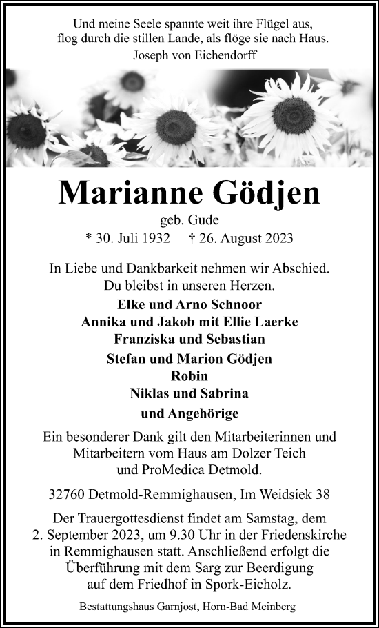 Anzeige  Marianne Gödjen  Lippische Landes-Zeitung