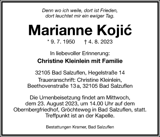 Anzeige  Marianne Kojic  Lippische Landes-Zeitung