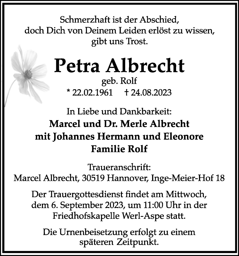  Traueranzeige für Petra Albrecht vom 30.08.2023 aus Lippische Landes-Zeitung