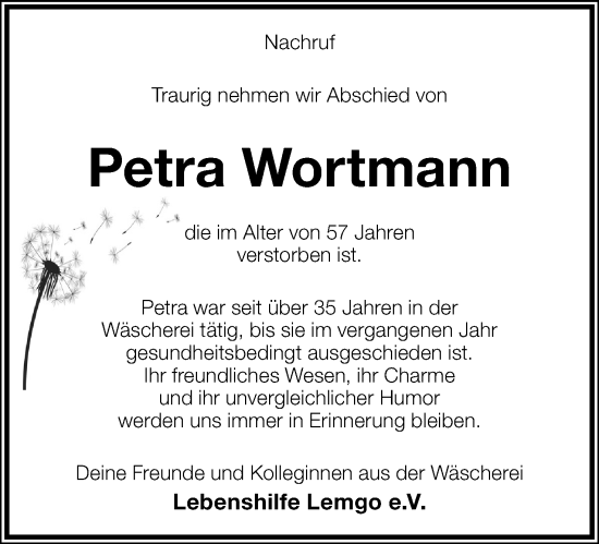 Anzeige  Petra Wortmann  Lippische Landes-Zeitung