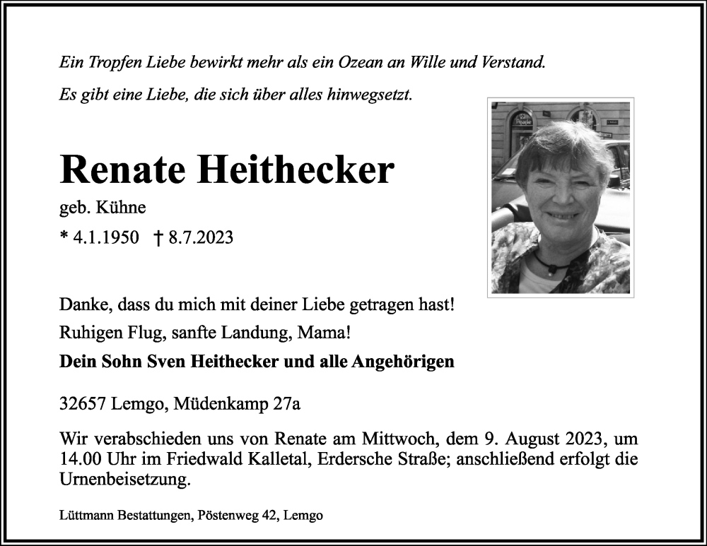  Traueranzeige für Renate Heithecker vom 05.08.2023 aus Lippische Landes-Zeitung