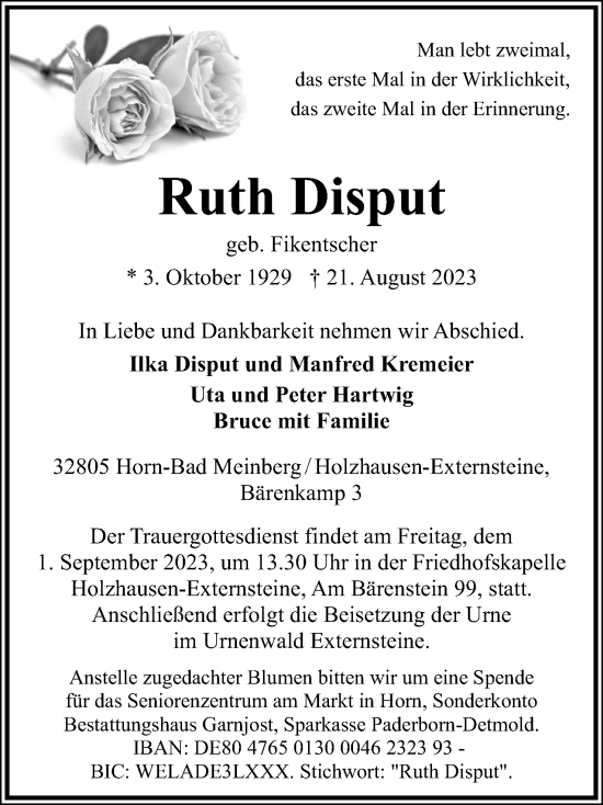Anzeige  Ruth Disput  Lippische Landes-Zeitung