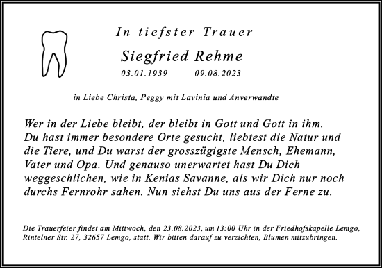 Anzeige  Siegfried Rehme  Lippische Landes-Zeitung