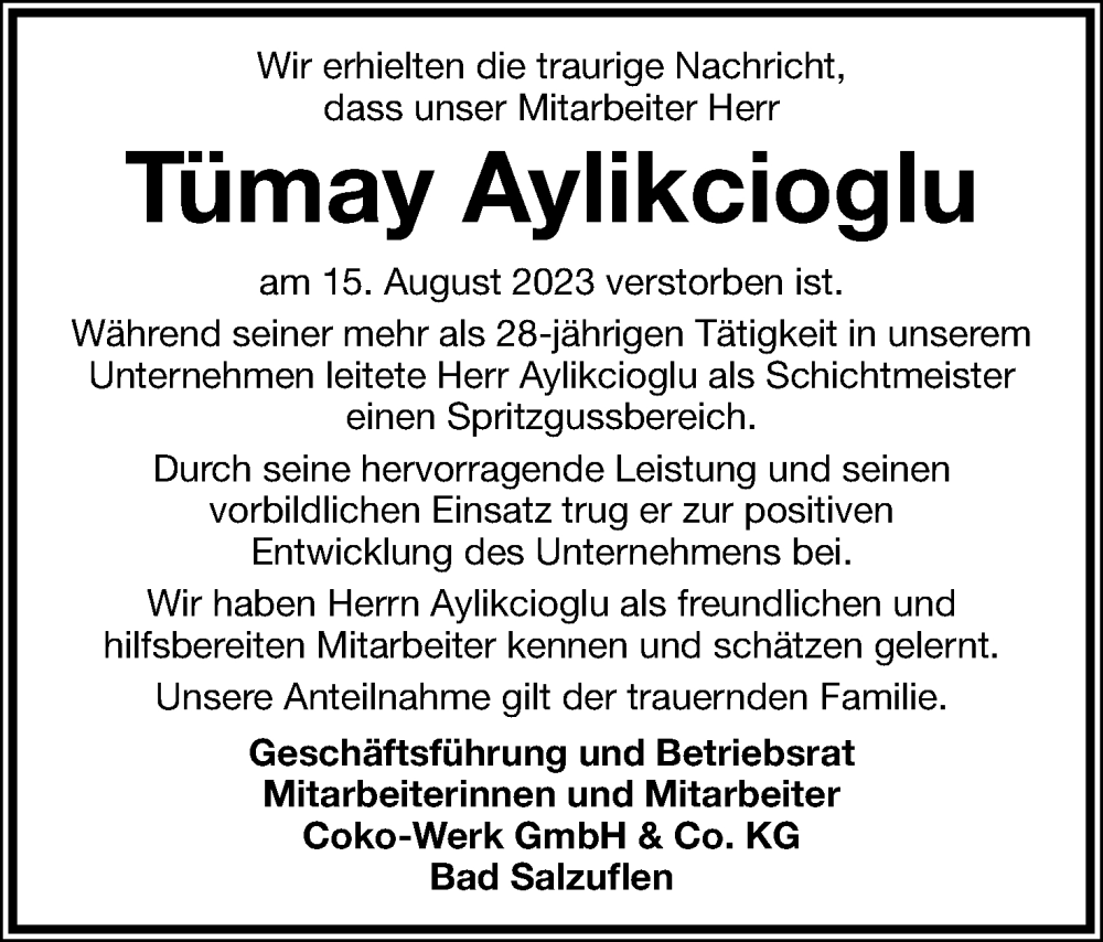  Traueranzeige für Tümay Aylikcioglu vom 19.08.2023 aus Lippische Landes-Zeitung