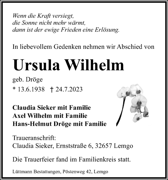 Anzeige  Ursula Wilhelm  Lippische Landes-Zeitung
