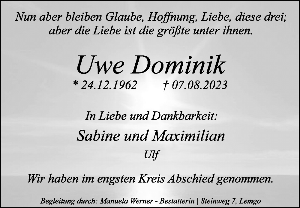  Traueranzeige für Uwe Dominik vom 26.08.2023 aus Lippische Landes-Zeitung