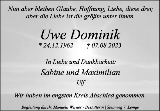 Anzeige  Uwe Dominik  Lippische Landes-Zeitung