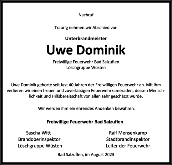 Anzeige  Uwe Dominik  Lippische Landes-Zeitung